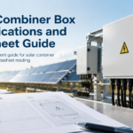 Solar combiner box enclosure mounted beside a photovoltaic array with a technical datasheet in the foreground