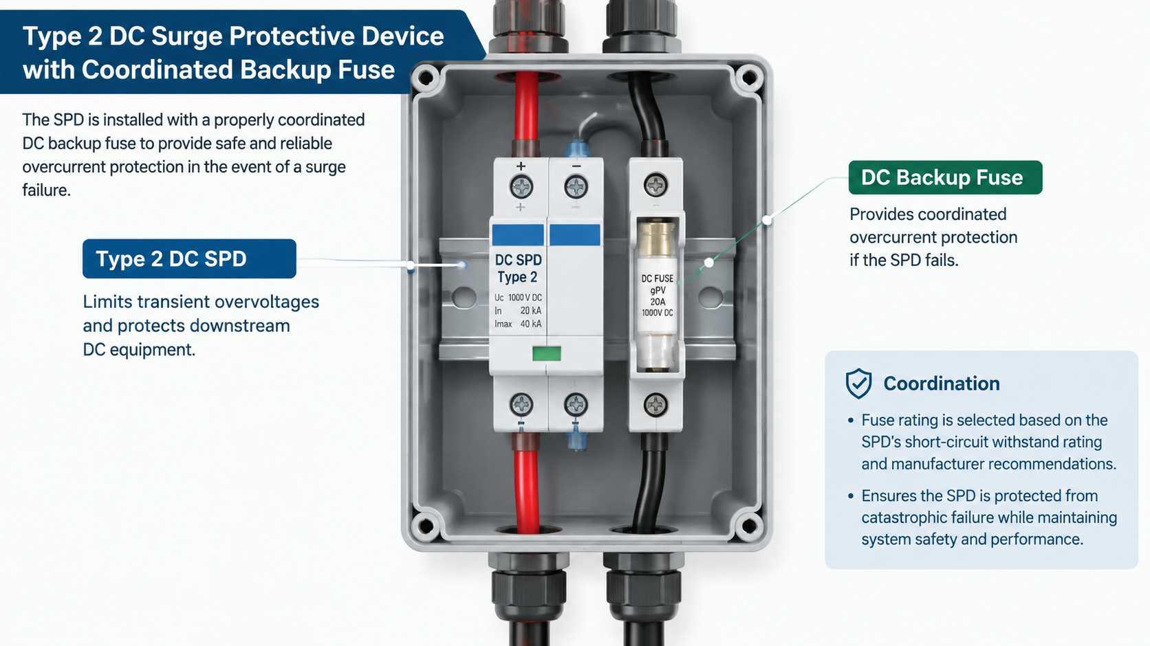 Type 2 SPD with coordinated DC backup fuse showing certification markings
