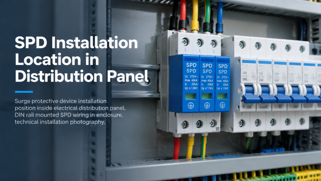 SPD mounted on DIN rail inside a distribution board enclosure showing conductor routing and lead lengths