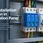 SPD mounted on DIN rail inside a distribution board enclosure showing conductor routing and lead lengths